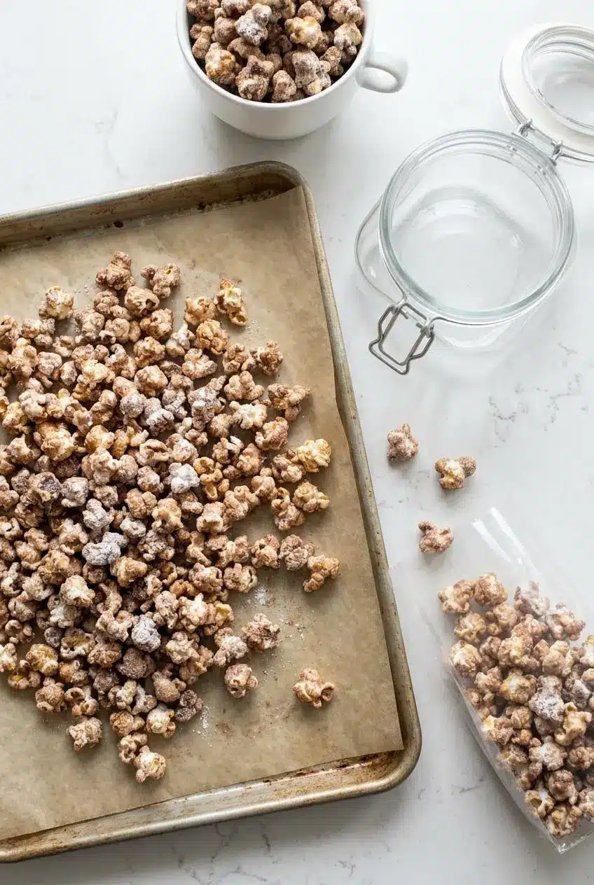 Overhead view of cooled churro popcorn on a parchment-lined baking sheet next to a glass storage container and gift bag.