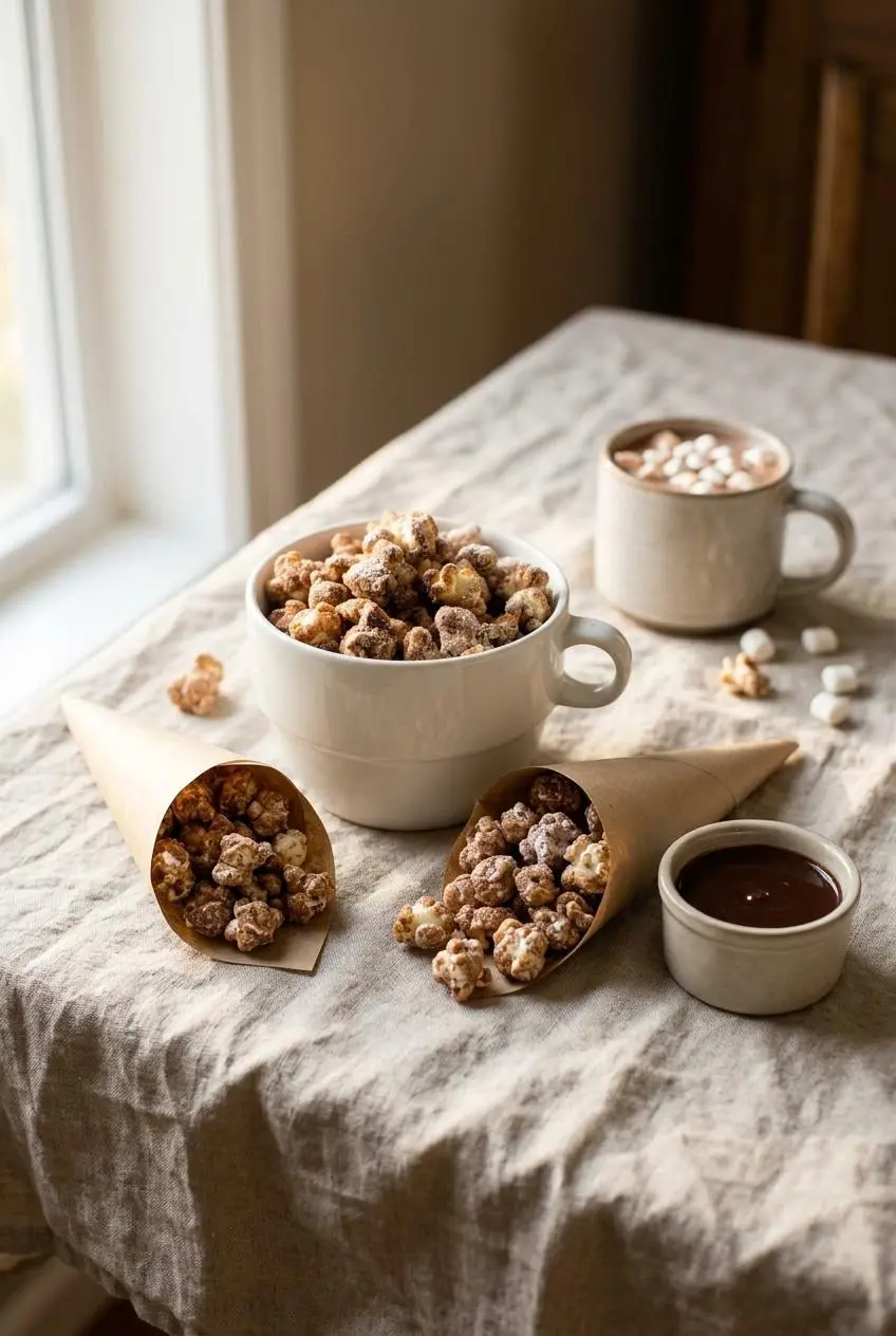 Bowl of cinnamon-sugar popcorn served with two paper cones, warm dark chocolate dipping sauce, and hot cocoa.