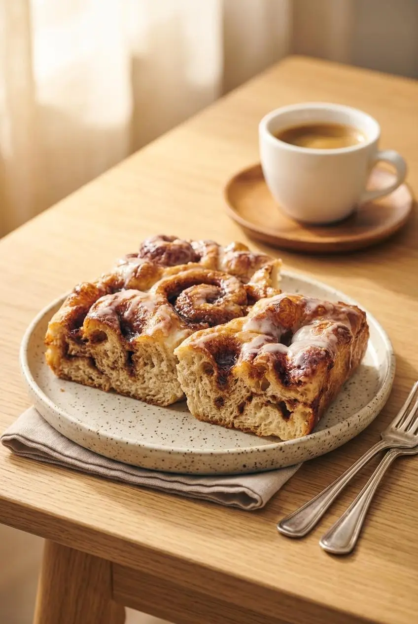 Two square slices of cinnamon roll focaccia served on a ceramic plate beside a cup of dark roast espresso.