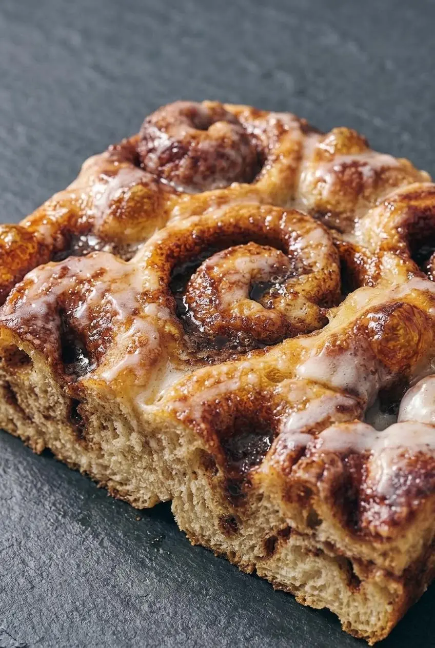 Close-up of deep dough dimples holding caramelized cinnamon brown sugar paste and drizzled vanilla glaze.