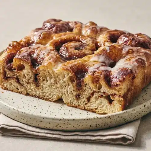 Cinnamon roll focaccia with glossy vanilla glaze, golden crust ridges, and bubbly brown sugar dimples.