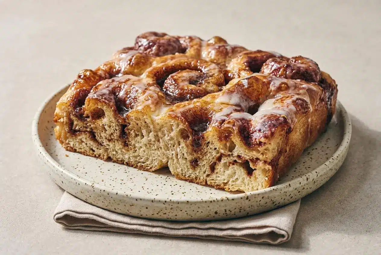 Cinnamon roll focaccia with glossy vanilla glaze, golden crust ridges, and bubbly brown sugar dimples.