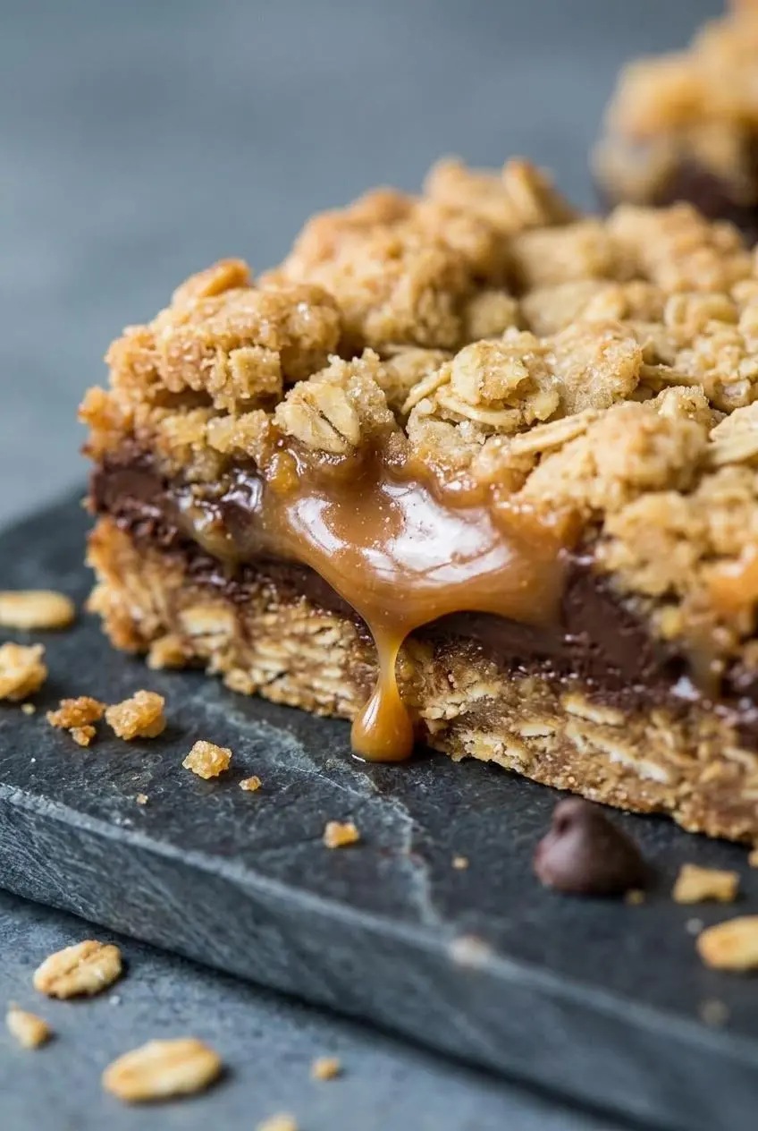 Close-up of a cleanly sliced carmelita bar showing defined layers of oat crust, chocolate, and thick caramel.