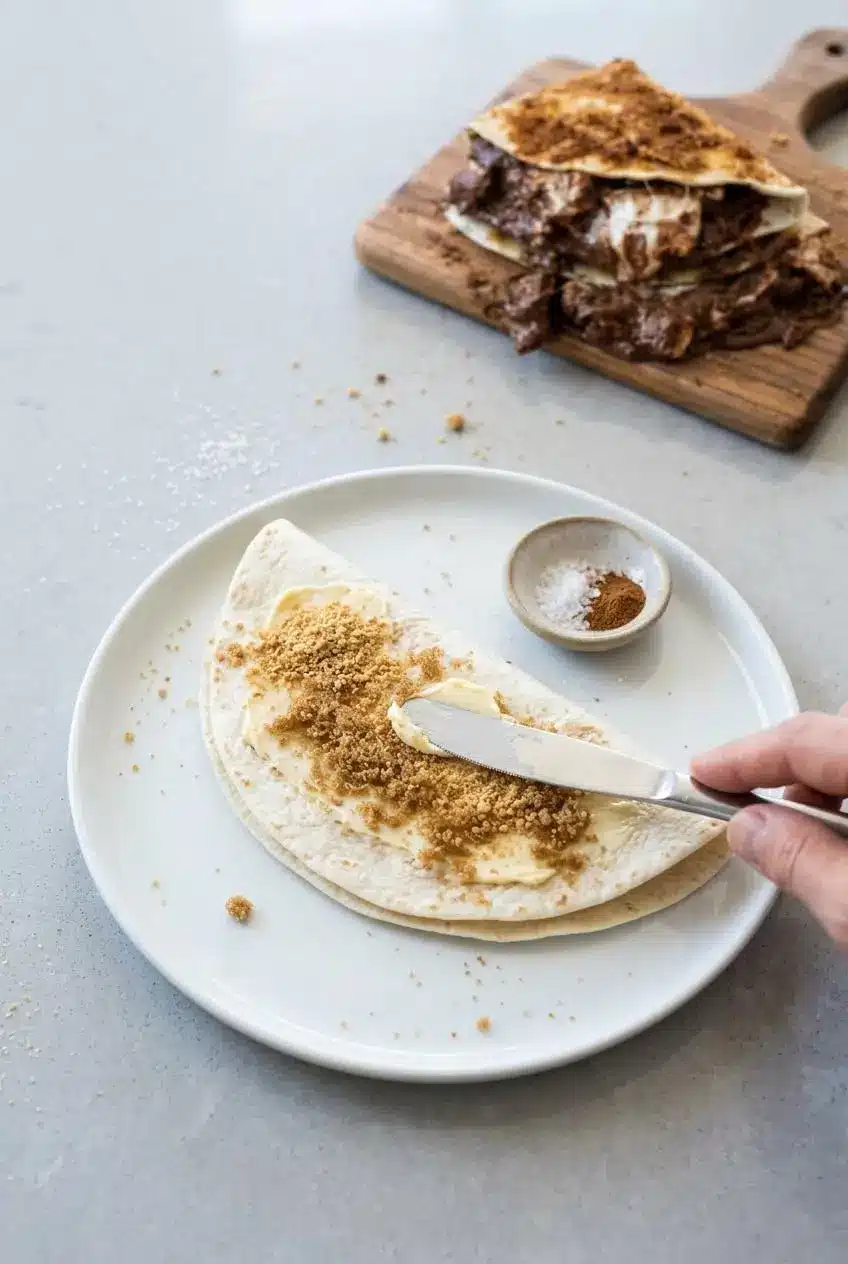 Folded tortilla on a white plate being coated with softened butter, brown sugar, and finely crushed graham crackers.