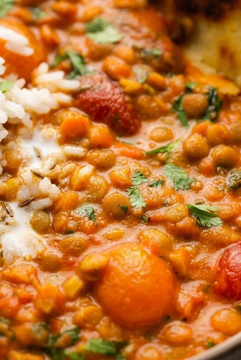 Close-up of coconut lentil curry sauce coating tender brown lentils, burst cherry tomatoes, and toasted cumin seeds.