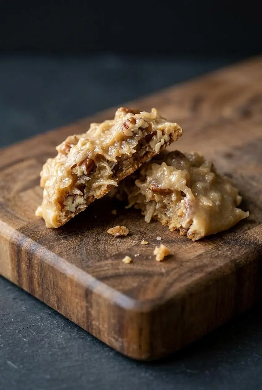 Close-up of a coconut pecan praline cookie broken in half showing chewy coconut strands and crunchy pecans.