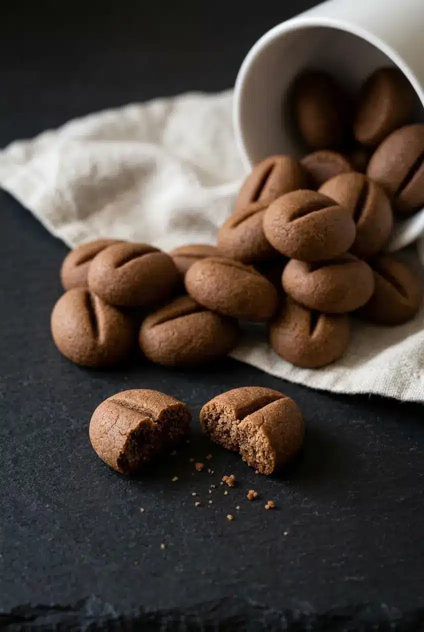 Close-up of a coffee bean cookie broken in half showing its tender, speck-free mocha shortbread crumb.