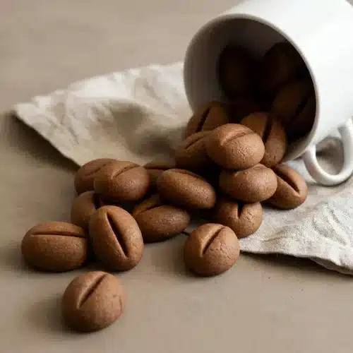 Baked coffee bean cookies with crisp edges, rich mocha color, and a deep center crease.