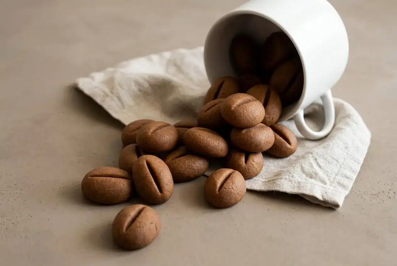 Baked coffee bean cookies with crisp edges, rich mocha color, and a deep center crease.