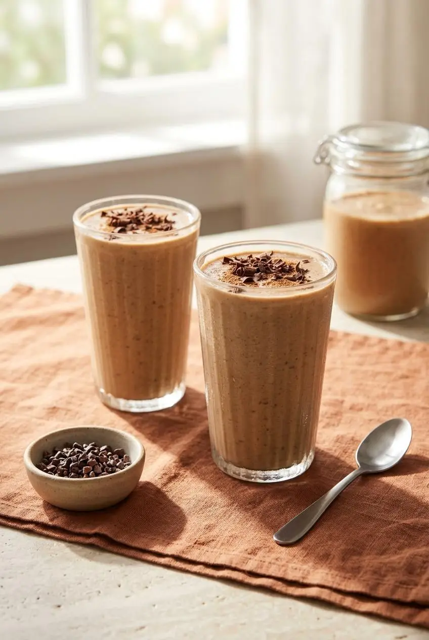Two glasses of Coffee Smoothie with cinnamon and chocolate shavings next to cacao nibs and a storage jar