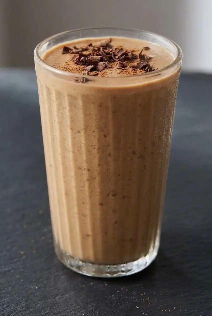 Close-up of a velvety, frosty coffee smoothie topped with cinnamon and dark chocolate shavings