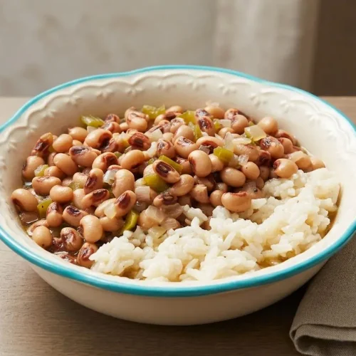 Tender Hoppin’ John black-eyed peas in glossy pot liquor served over warm rice.