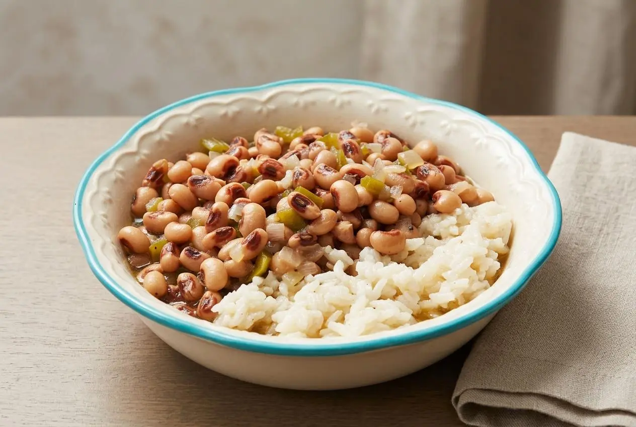Tender Hoppin’ John black-eyed peas in glossy pot liquor served over warm rice.