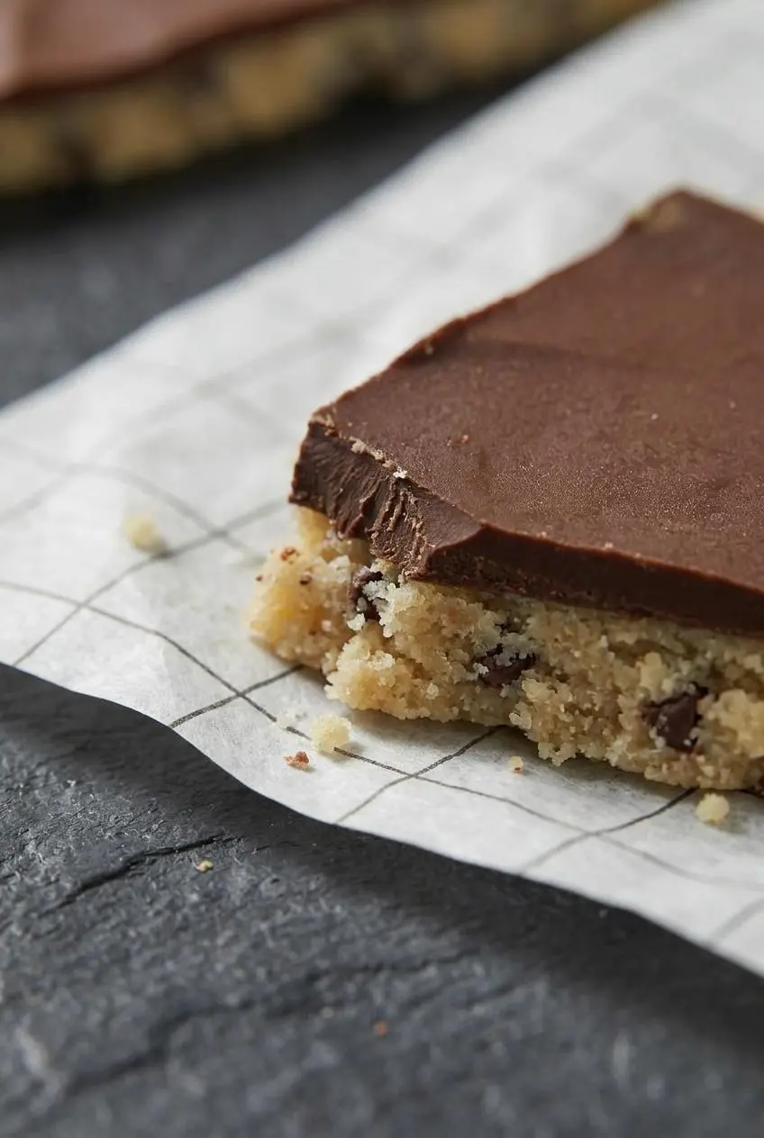 Close-up of snapped cookie dough bark showing a sharp chocolate edge over packed almond flour dough with mini chips.