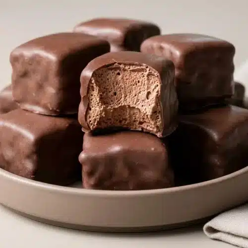 Bite-sized cool whip candy squares with a smooth dark chocolate shell.