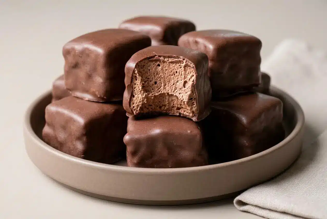 Bite-sized cool whip candy squares with a smooth dark chocolate shell.