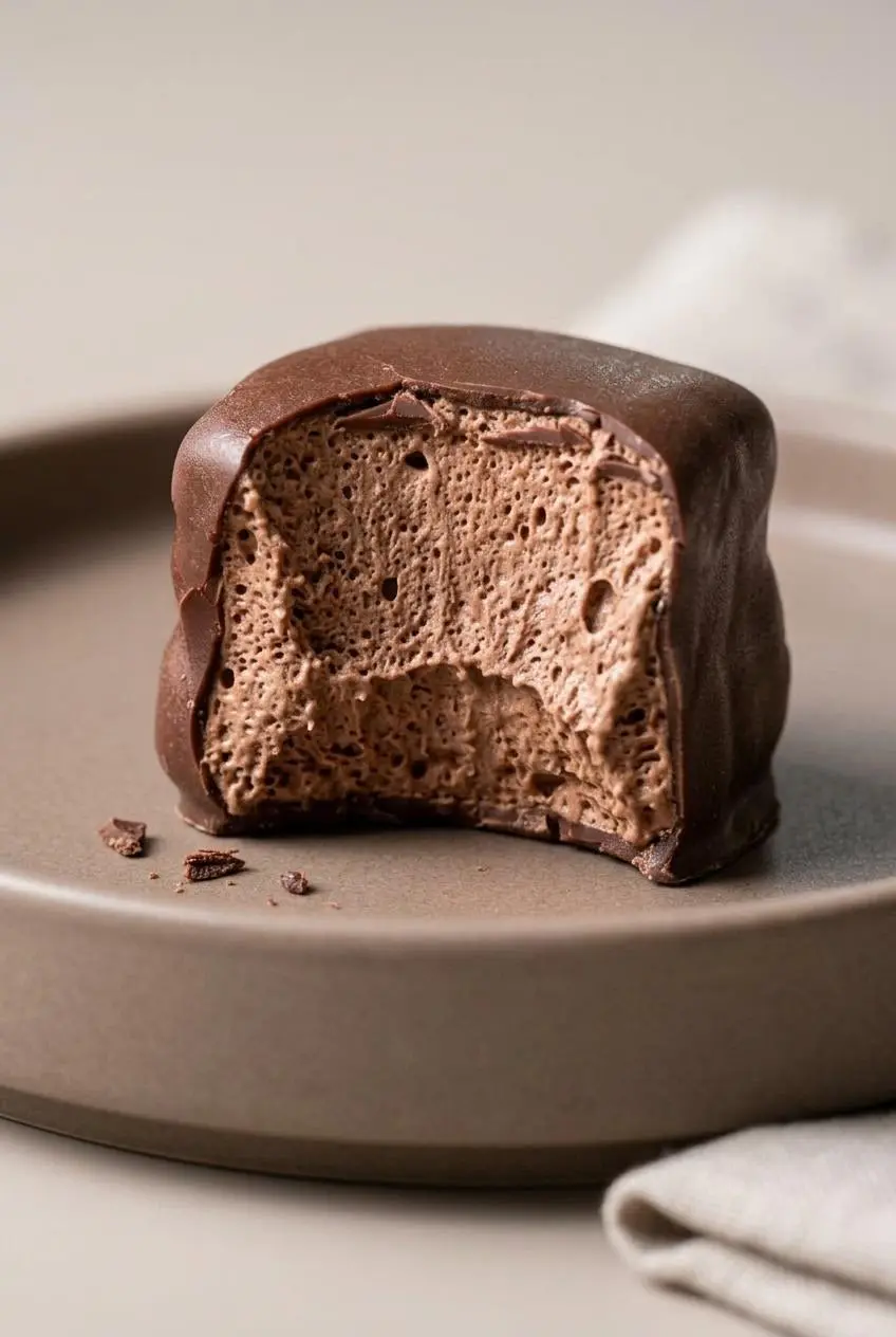 Cross-section of cool whip candy showing an aerated chocolate center inside a snappy dark chocolate shell.