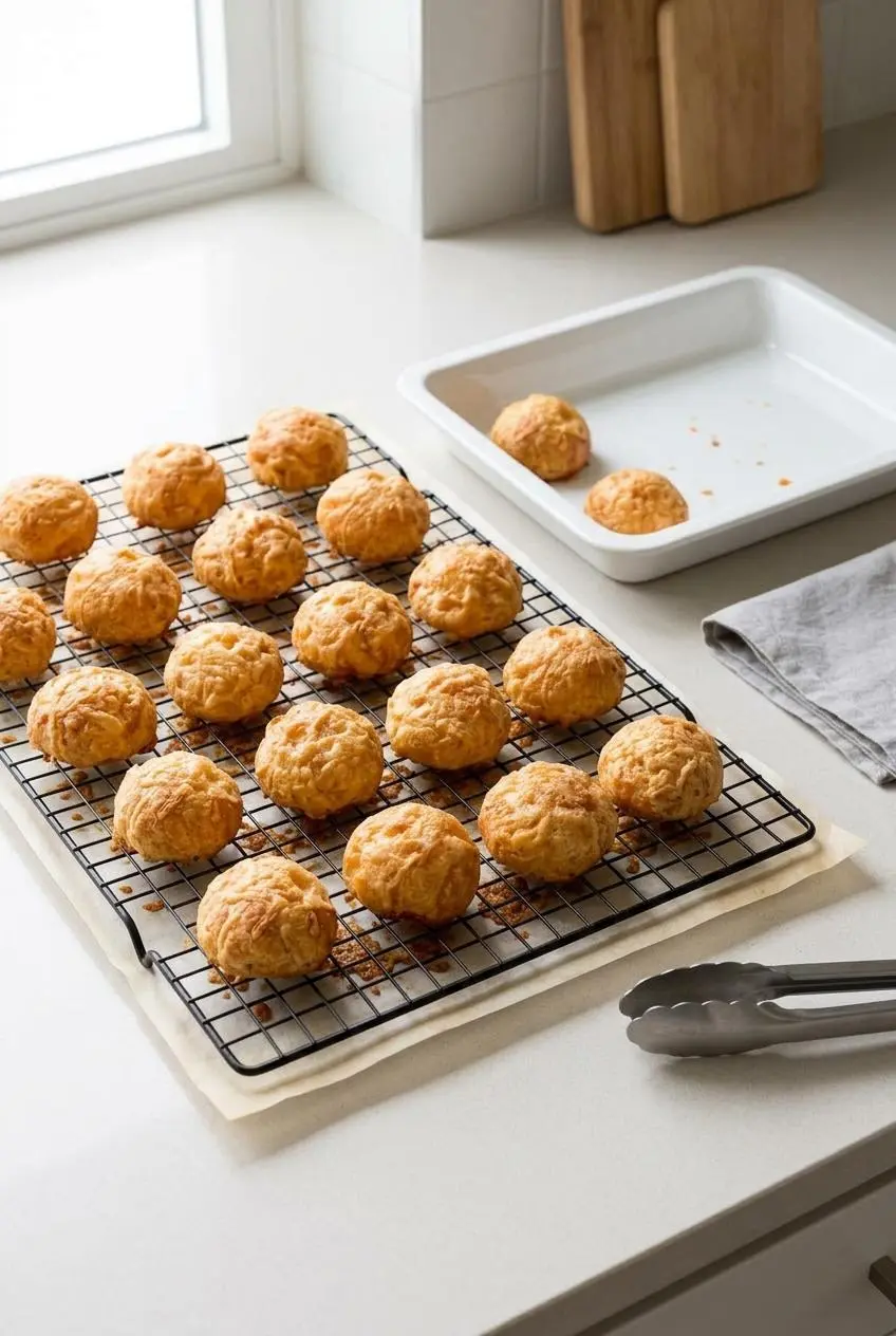 Freshly baked gougères resting in rows on a black wire cooling rack over parchment paper.