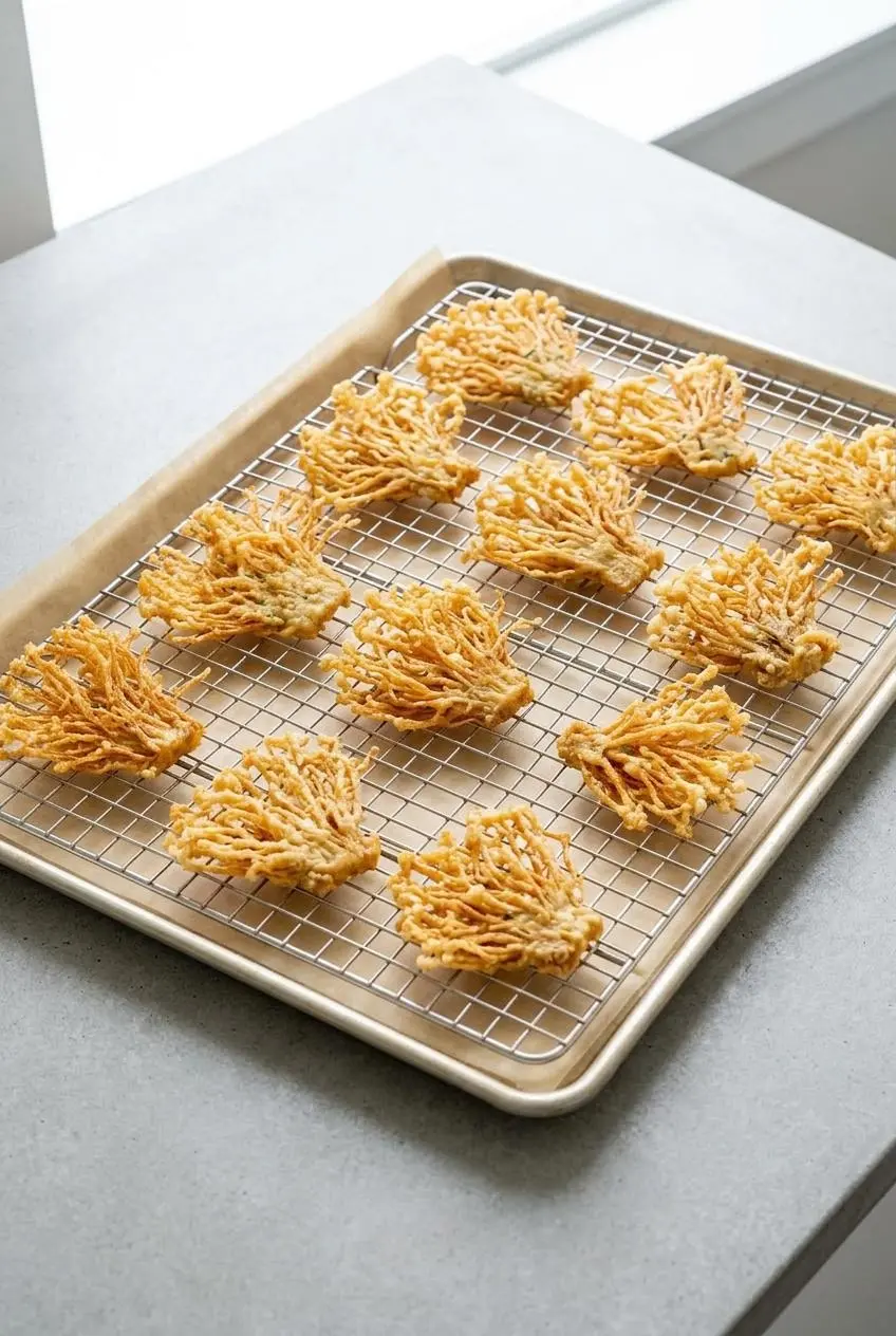 Golden fried enoki mushroom fans cooling in a single uncrowded layer on a wire baking rack.
