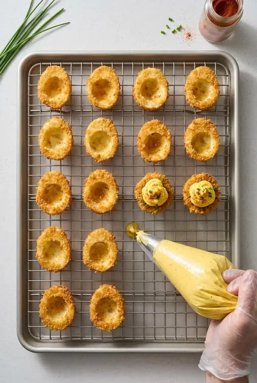 Fried breaded egg white halves cooling on a wire rack while being piped with yellow yolk filling.