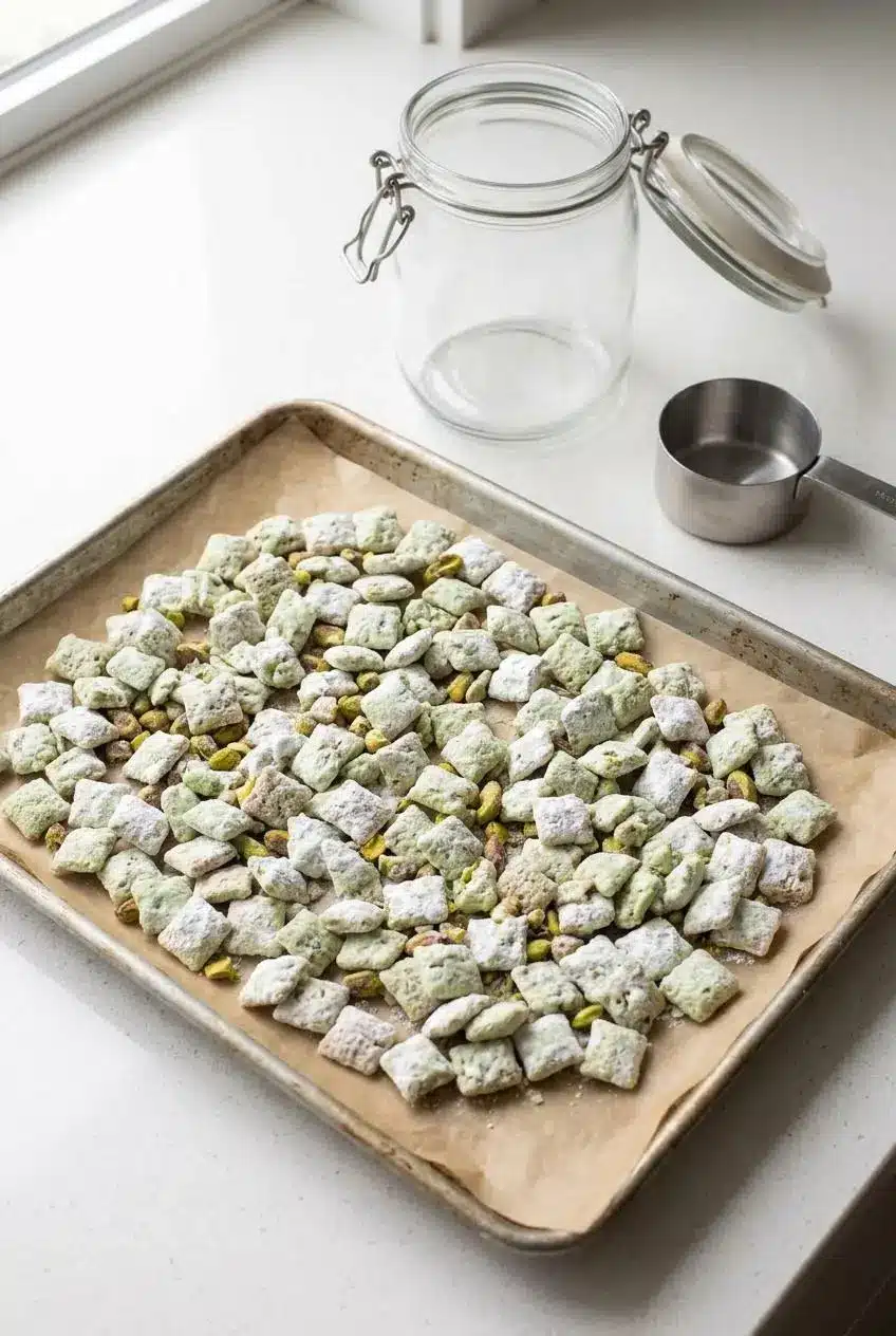 Pistachio puppy chow cooling in a single layer on parchment paper next to a glass storage jar