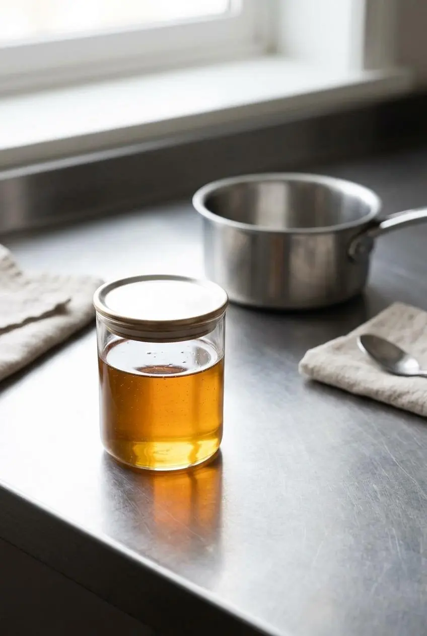 Sealed glass container of cooled golden cookie syrup on a stainless steel counter with an empty saucepan behind it