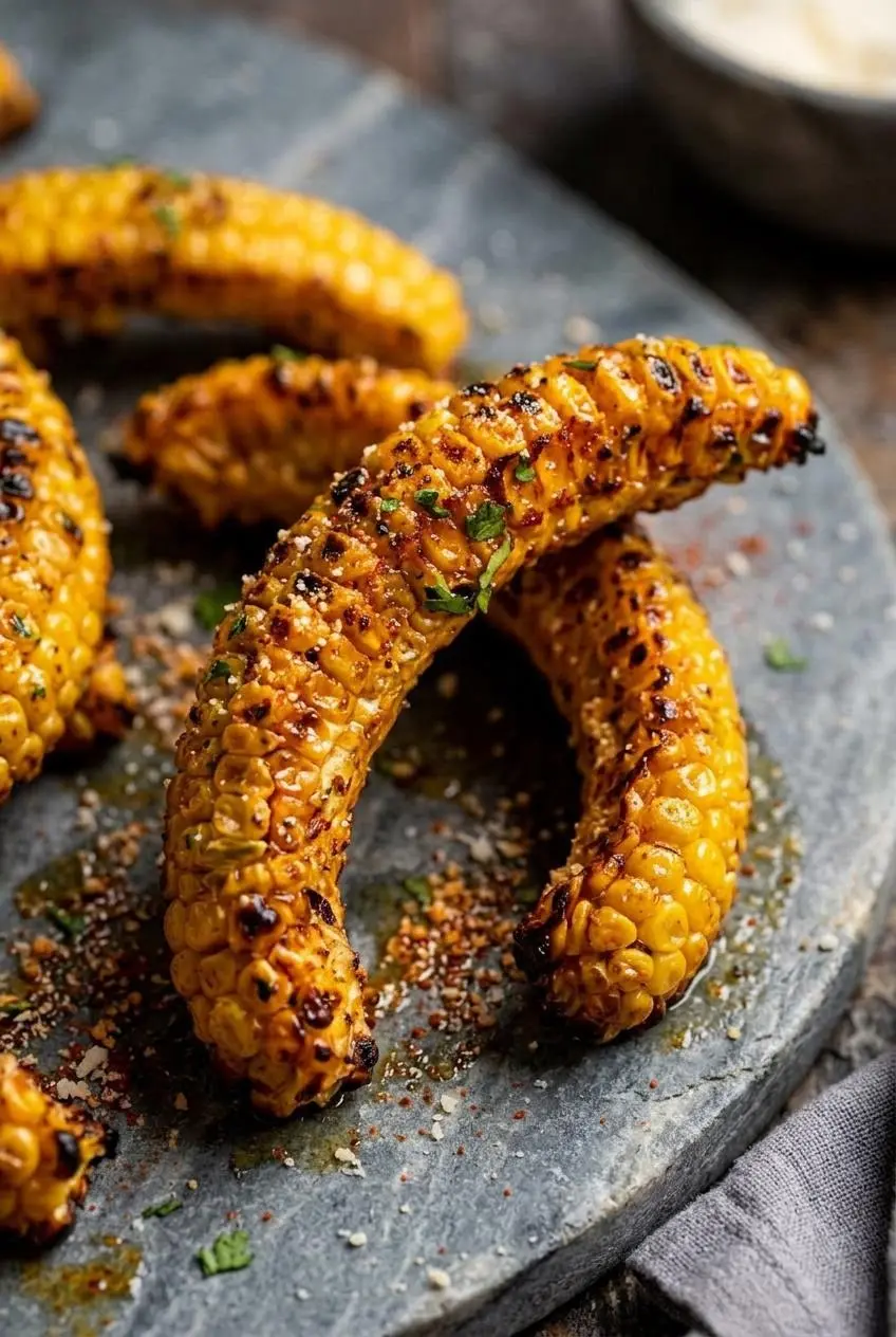 Close-up of blistered corn ribs showing charred sweet kernels coated in melted garlic butter and smoked paprika.