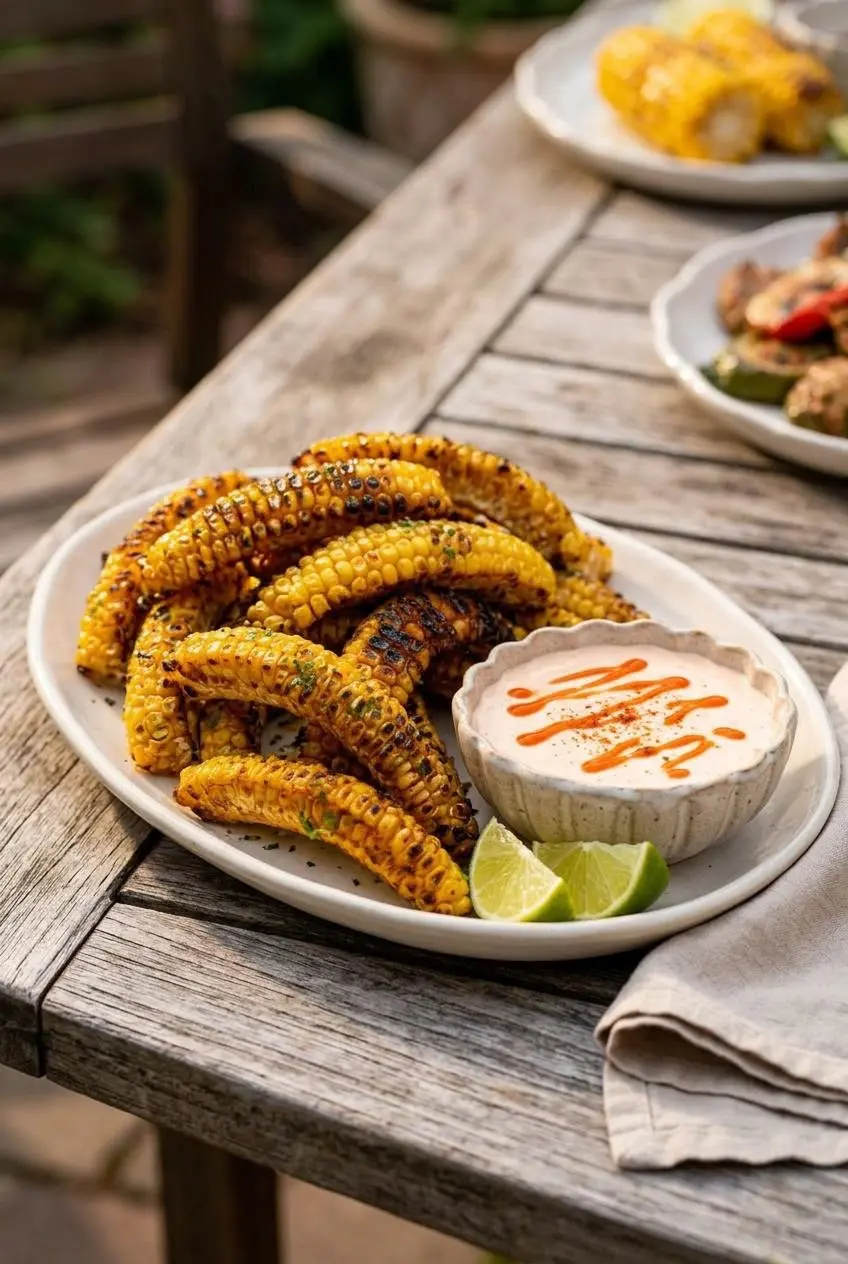 Platter of seasoned corn ribs served with a bowl of creamy sriracha dipping sauce and lime wedges.
