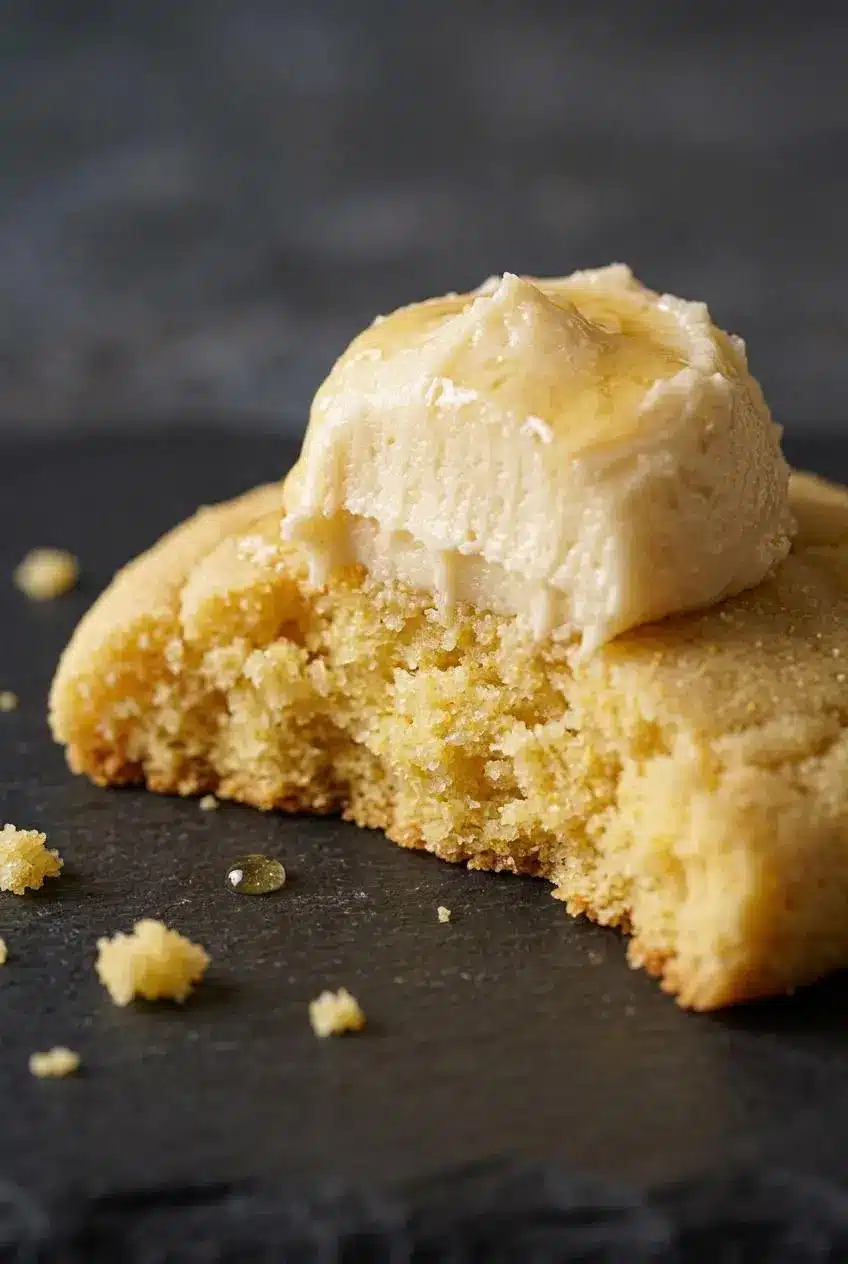 Split cornbread cookie showing a moist, pale interior with fine yellow cornmeal grains and firm buttercream.