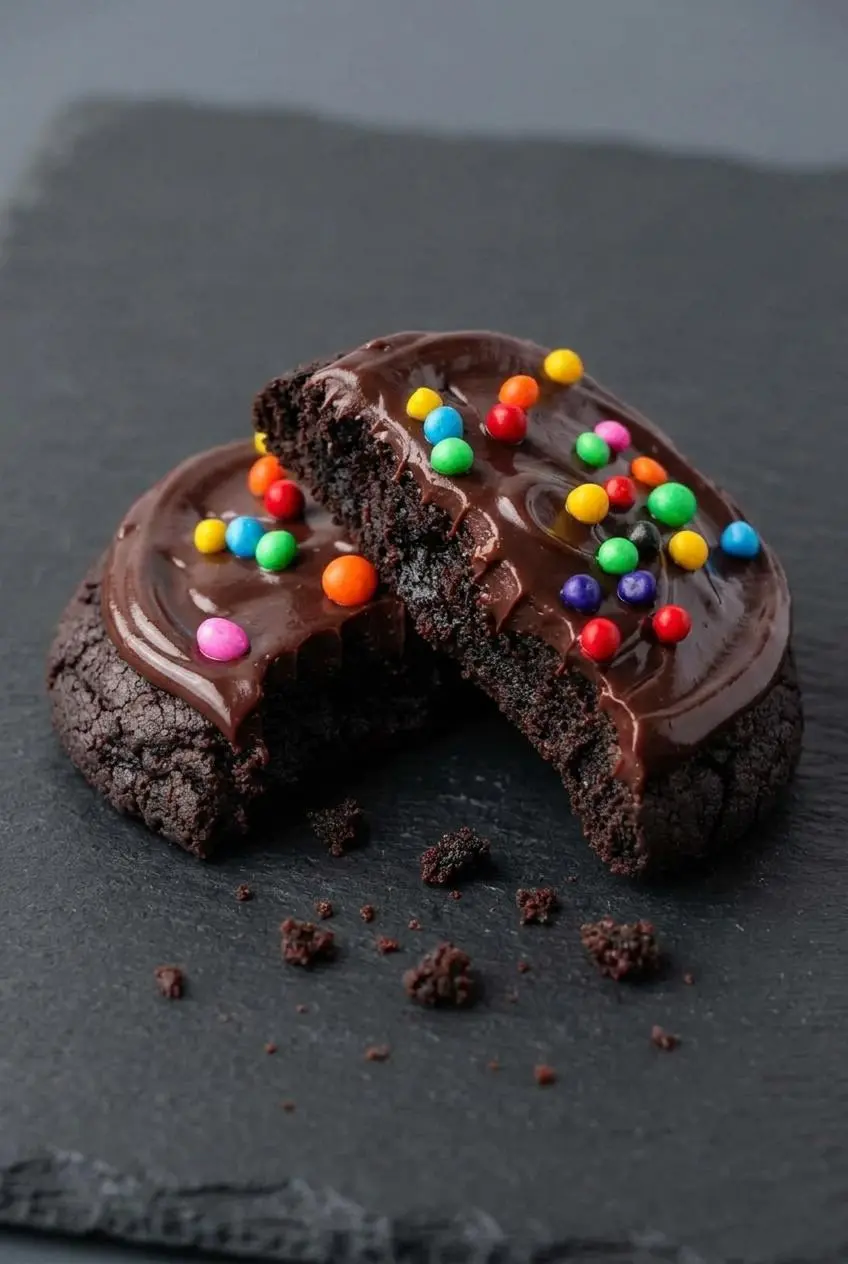 Thick chocolate brownie cookie broken in half showing a moist fudgy center, glossy ganache layer, and rainbow chips.