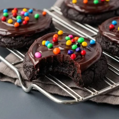Fudgy cosmic brownie cookies topped with glossy chocolate ganache and crunchy rainbow candy-coated chocolate chips.