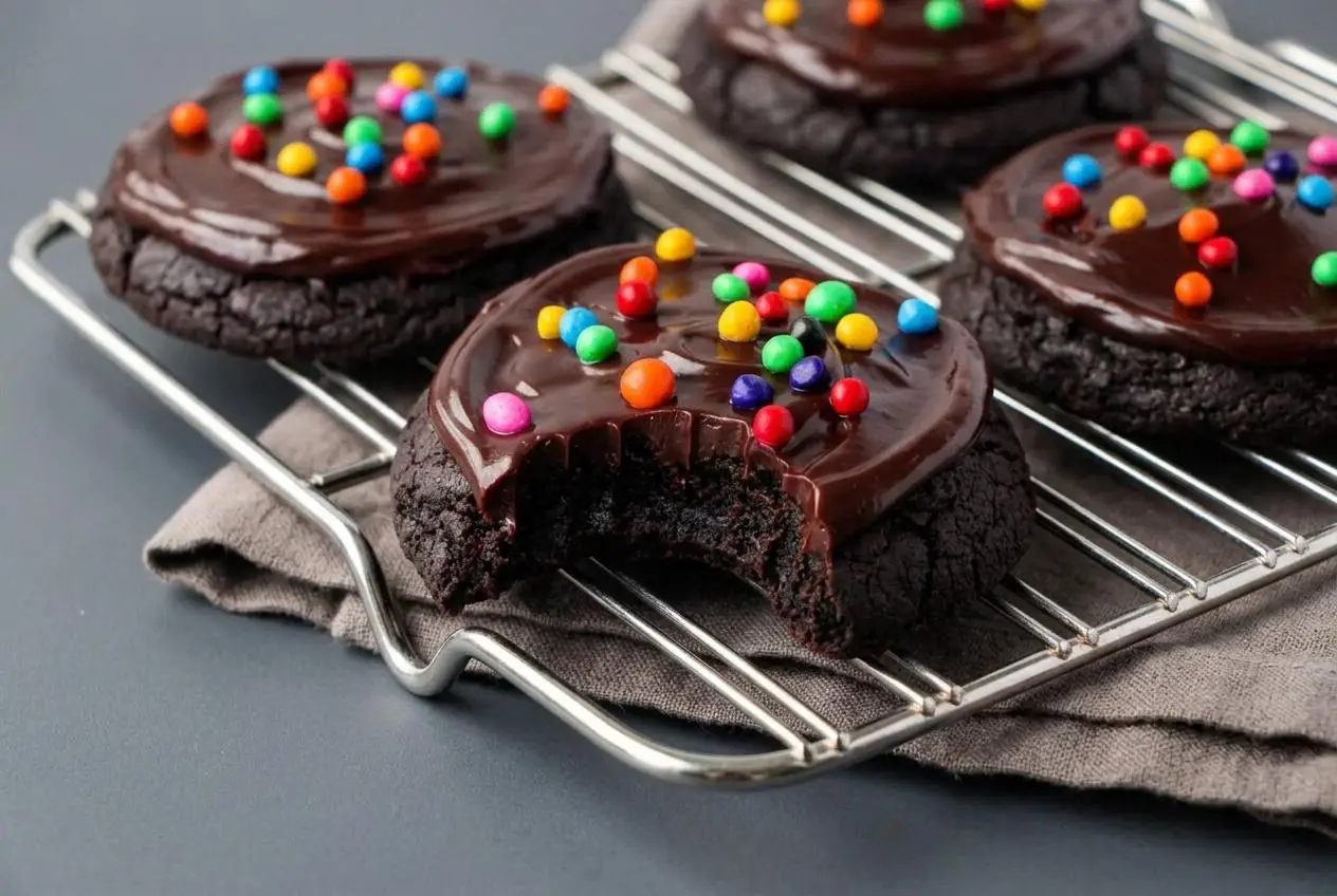 Fudgy cosmic brownie cookies topped with glossy chocolate ganache and crunchy rainbow candy-coated chocolate chips.