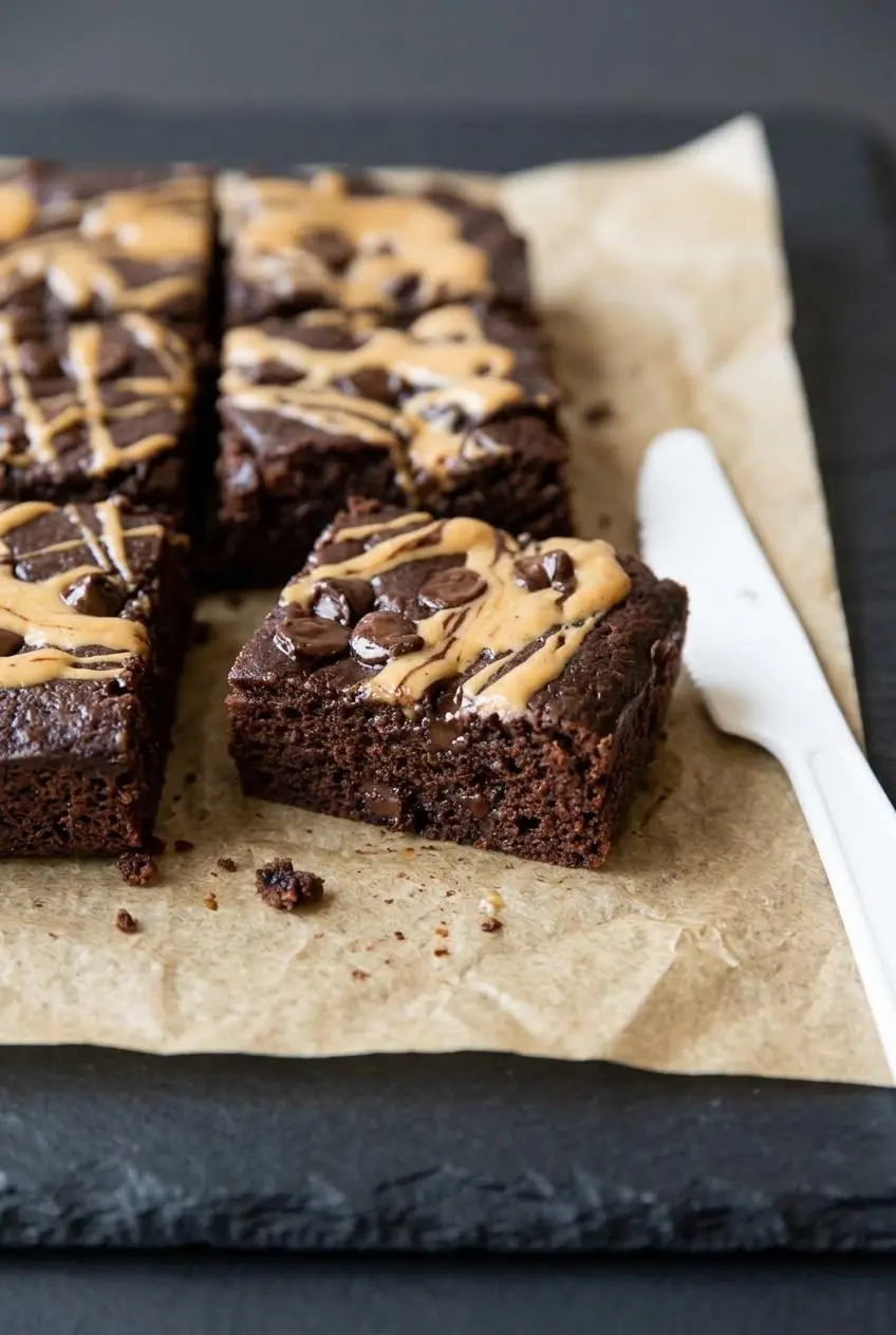 Close-up of a freshly sliced brownie on parchment paper with a dense chocolate crumb and a white plastic knife beside it.