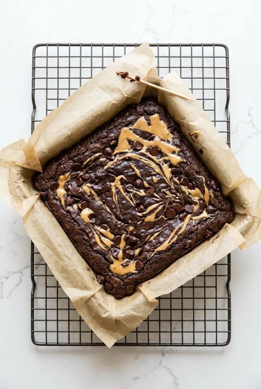 Freshly baked pan of cottage cheese brownies on a wire cooling rack with a wooden toothpick showing damp chocolate crumbs.