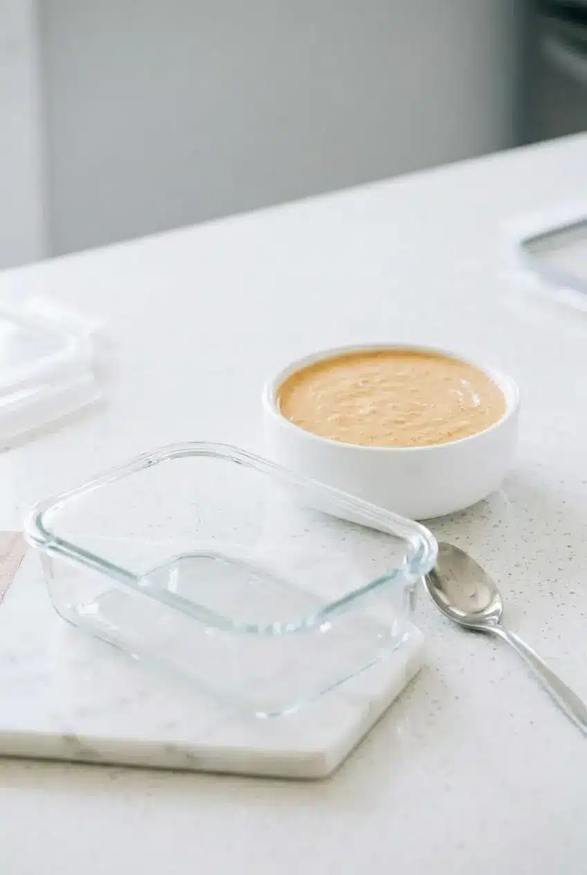 Chilled cottage cheese queso stored in an airtight glass container ready for gentle reheating.