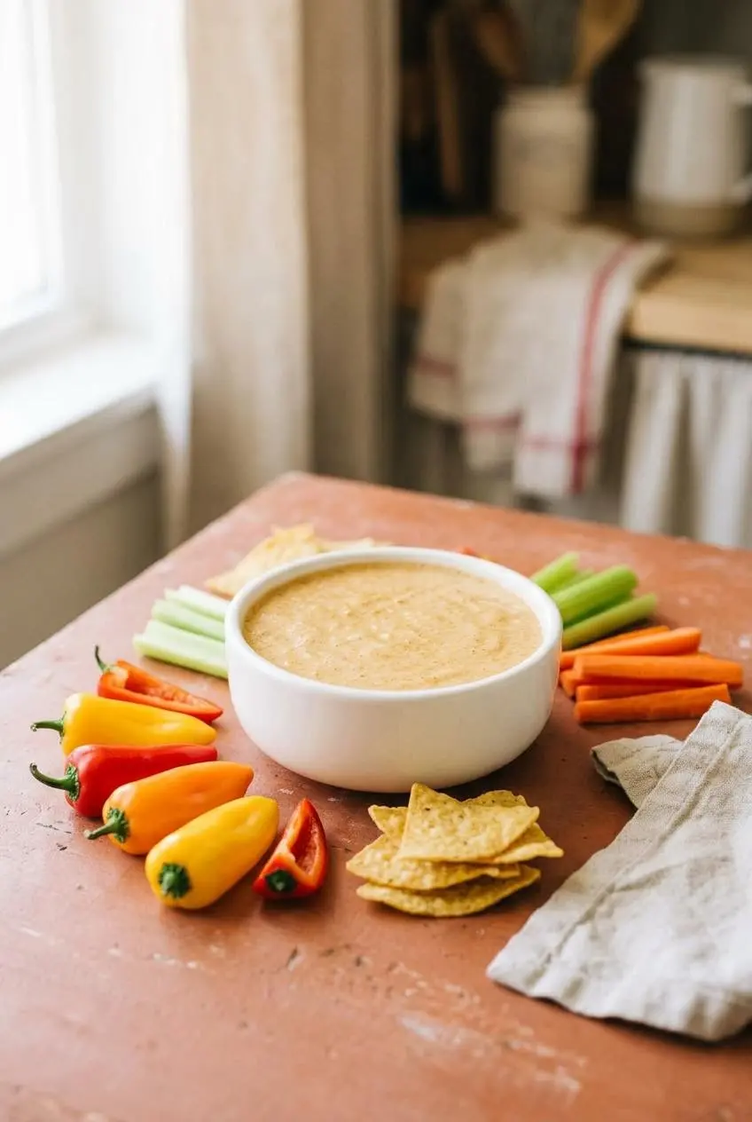 Warm cottage cheese queso served with tortilla chips, mini peppers, celery, and carrot sticks.