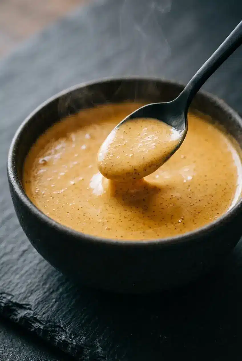 Spoon lifting a velvety ribbon of warm queso dip to show a curd-free, smooth texture.