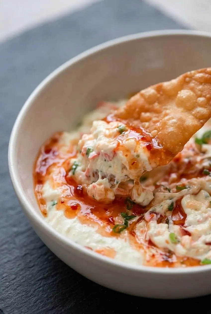 Close-up of a crisp golden wonton chip scooping creamy crab rangoon dip through glossy red sweet chili sauce.