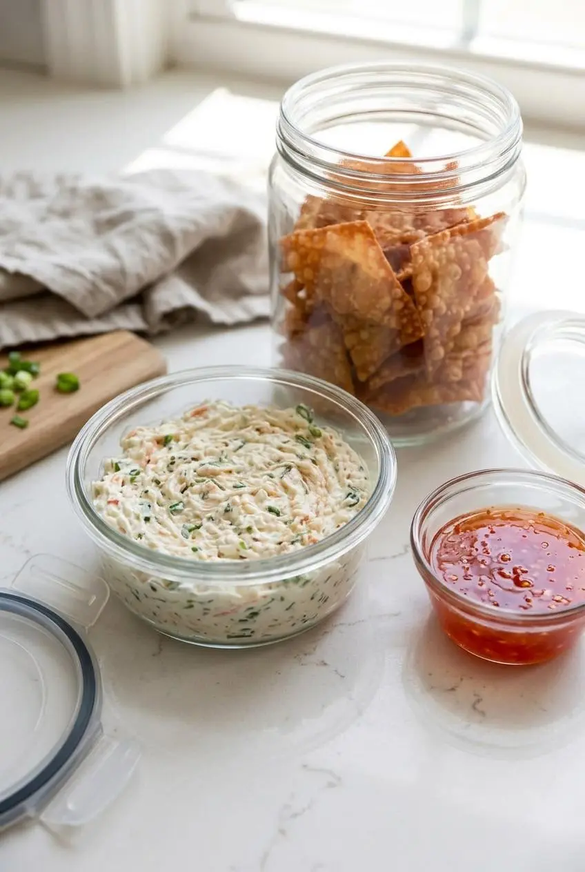 Untopped crab and cream cheese dip in a glass container next to a bowl of sweet chili sauce and a jar of wonton chips.