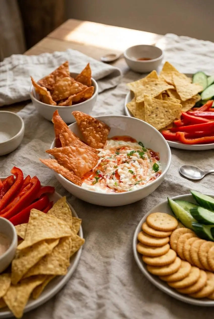 Crab rangoon dip served on a table with fried wonton chips, tortilla chips, round crackers, bell peppers, and cucumbers.