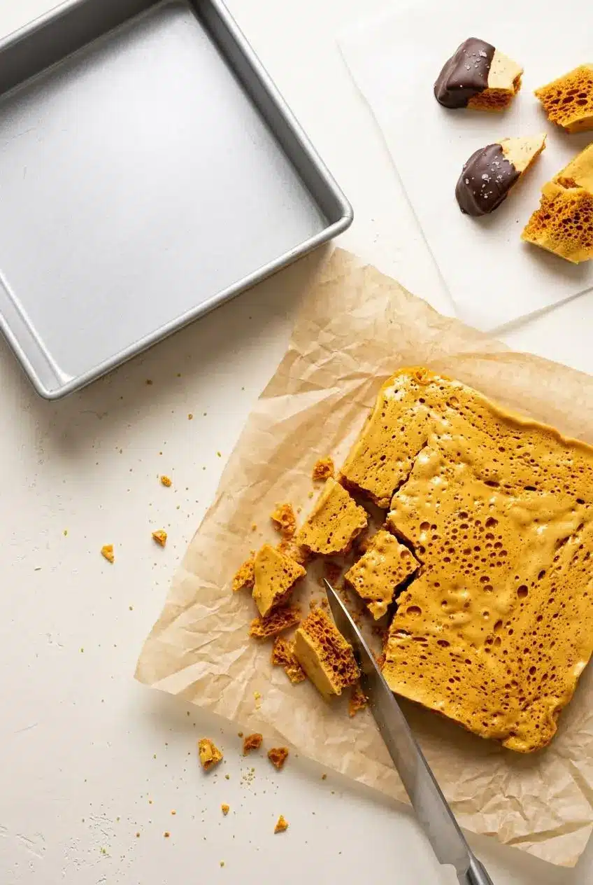 A chef's knife tip cracking a cooled golden honeycomb slab on parchment paper beside a square pan and chocolate-dipped pieces.