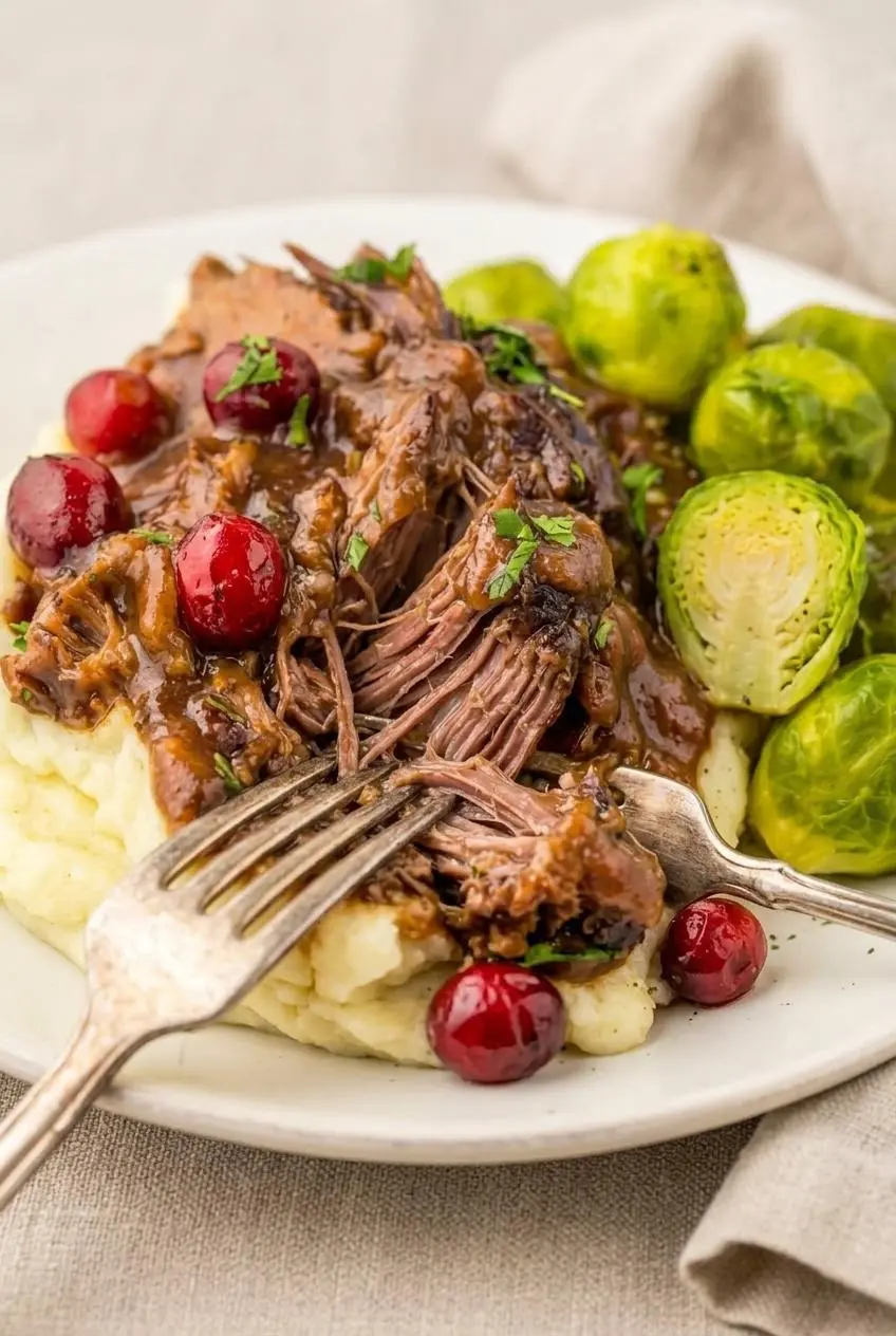 Tender strands of cranberry beef roast pulled apart with two forks in rich glaze.