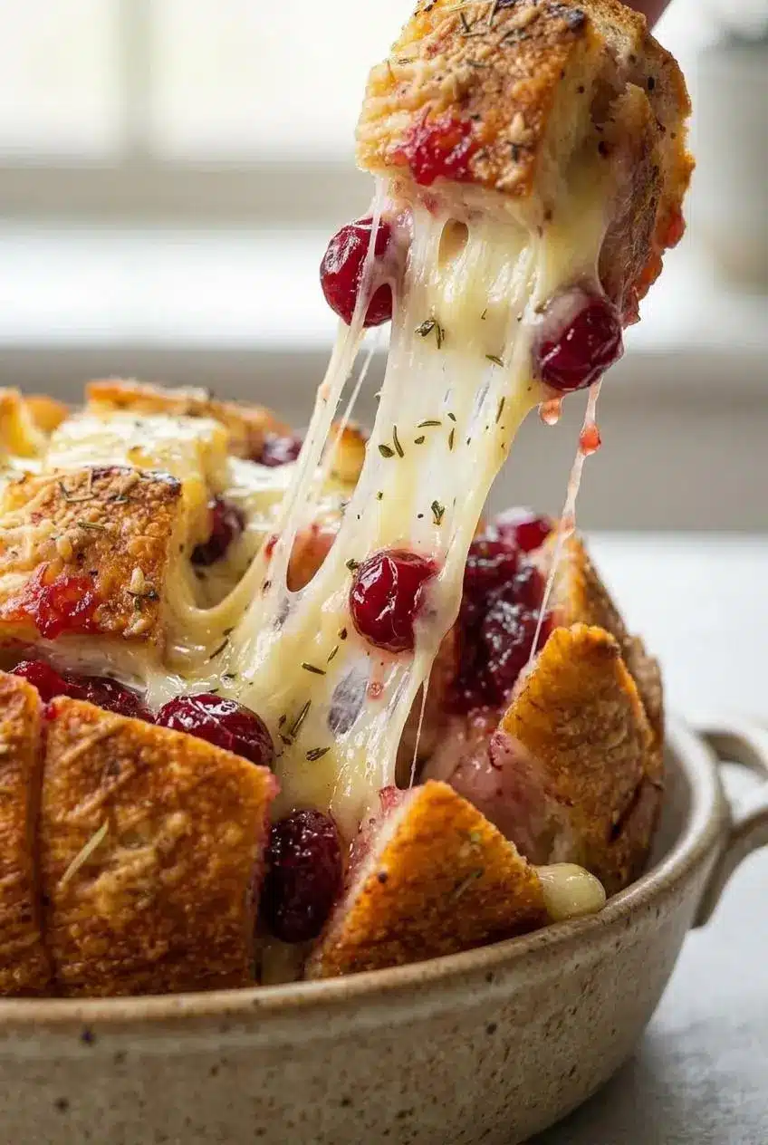 Toasted sourdough bread piece pulled upward showing thick molten brie cheese strings and cranberries.
