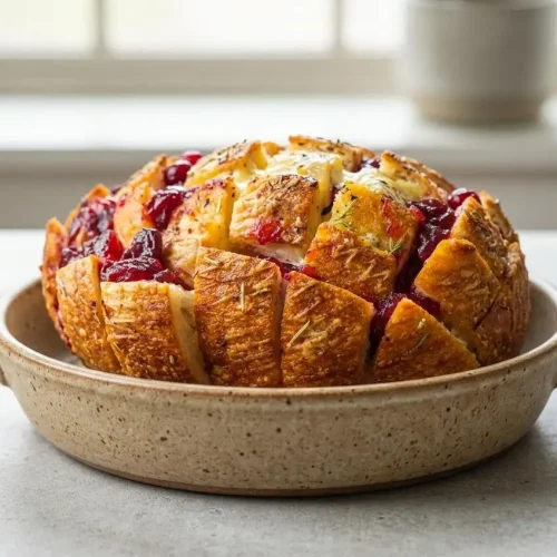 Baked cranberry brie pull apart bread with molten cheese, ruby cranberry sauce, and golden crust.