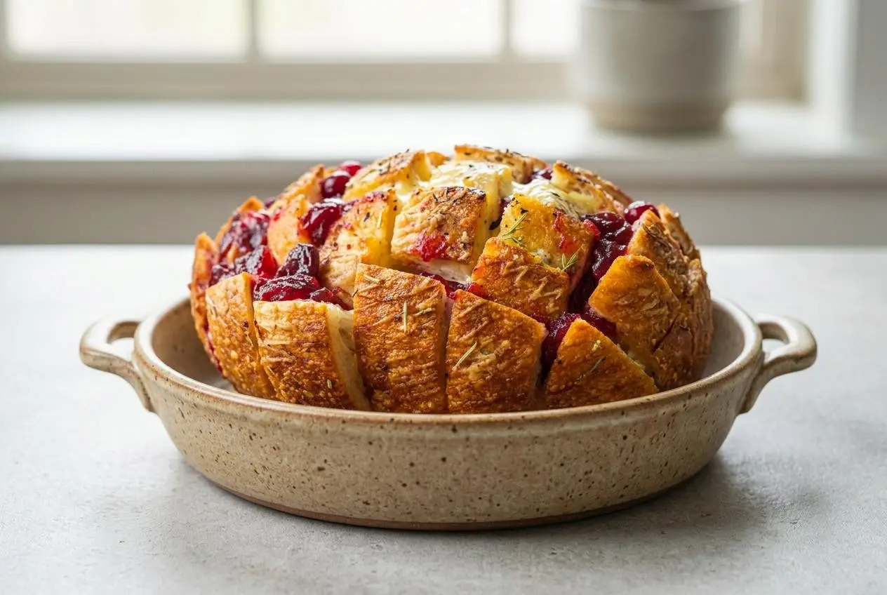 Baked cranberry brie pull apart bread with molten cheese, ruby cranberry sauce, and golden crust.