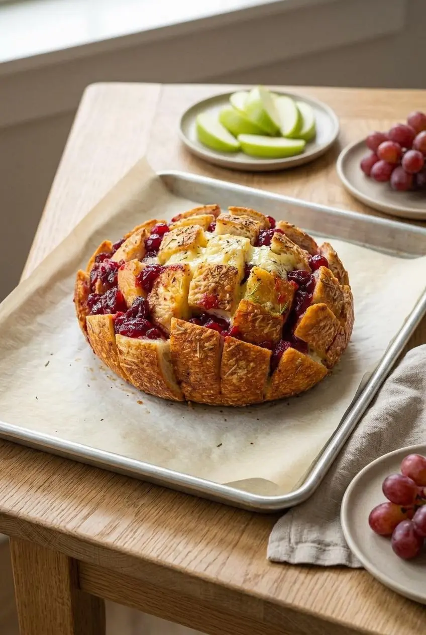 Baked cranberry brie pull apart bread on a parchment-lined baking sheet served with apple slices and grapes.
