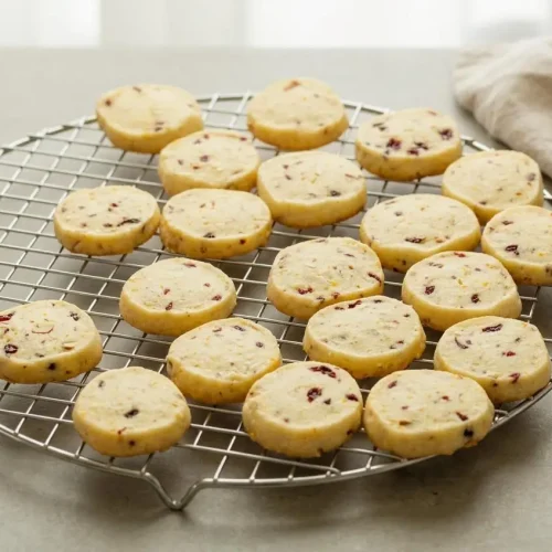 Cranberry orange shortbread cookies stacked on a plate with pale tops and golden baked edges.