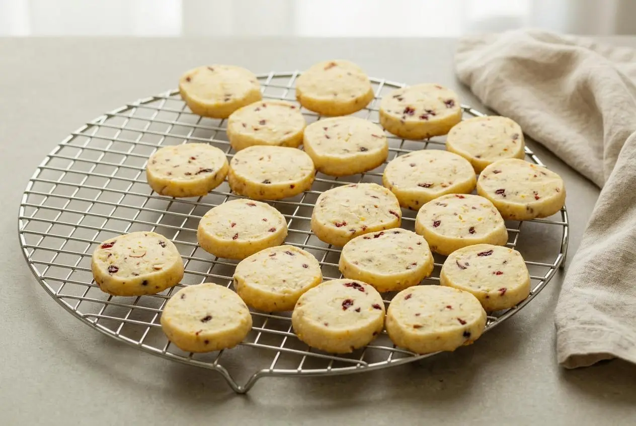 Cranberry orange shortbread cookies stacked on a plate with pale tops and golden baked edges.