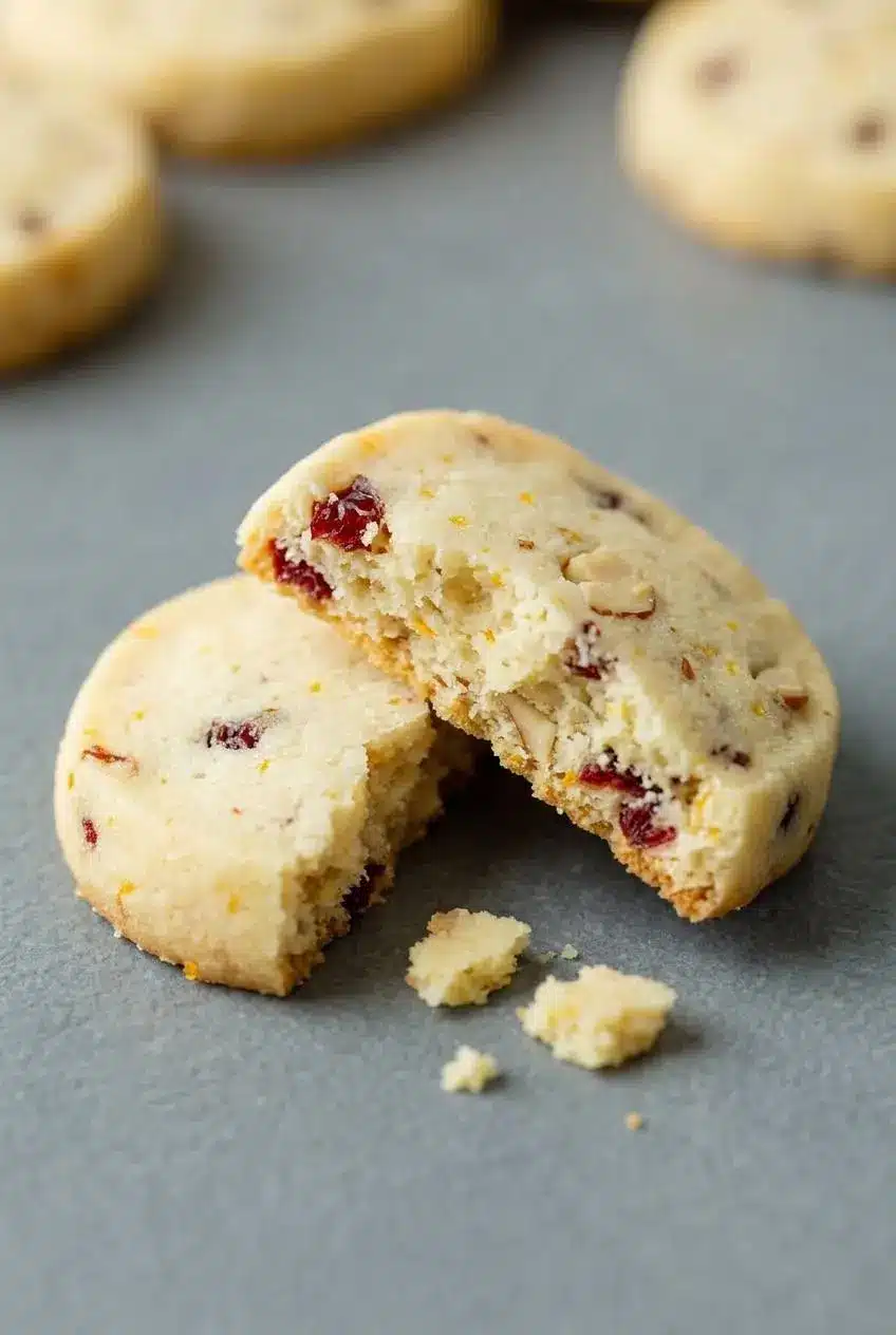 Broken cranberry orange shortbread cookie revealing a tender crumb with toasted almonds and zest.