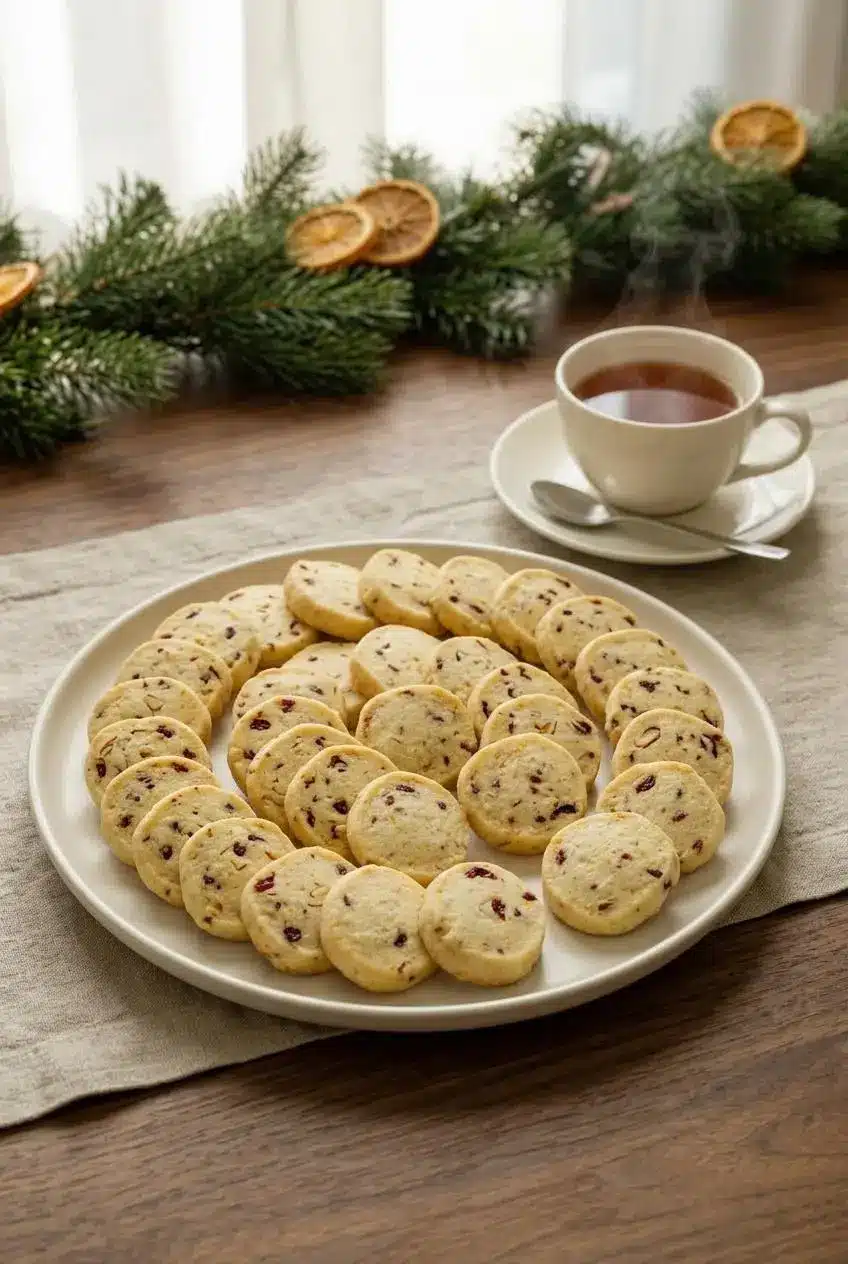 Ceramic platter arranged with cranberry orange shortbread cookies next to a steaming cup of tea.